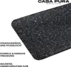 A close-up of a dark gray carpet mat with white speckles, with text overlays describing its features. Produktbild-Vorschau