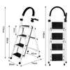 Two views of a white folding stepladder with black non-slip treads and handle grips, with dimensions indicated by white text and arrows. Voir les images du produit