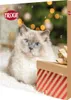 A Trixie advent calendar for cats, featuring a fluffy cat with blue eyes in front of a Christmas tree. A gift box with red and white stripes is in the foreground. Produktbild-Vorschau