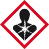 A hazard symbol depicting a human silhouette with a radiating pattern of dots in the chest area, enclosed within a red diamond border. Produktbild-Vorschau