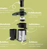 An exploded view diagram of a juicer with labels pointing to each component. Produktbild-Vorschau