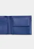 An open blue bifold wallet with card slots and a coin pocket. Produktbild-Vorschau