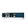 A dark blue metal TV cabinet with open shelves and a closed compartment, displayed against a white background. Anteprima dell’immagine prodotto