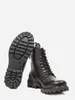 A pair of black leather boots shown from a slightly elevated angle, with one boot standing upright and the other lying on its side to show the sole. Produktbild-Vorschau