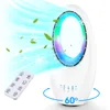 A white bladeless fan with a colorful LED light ring, emitting a cool breeze with leaves and snowflakes, shown with a remote control and indicating 60-degree oscillation. Náhled obrázku produktu