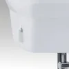 Close-up of the bottom corner of a white sewing machine with a small clip. Produktbild-Vorschau