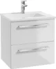A white bathroom vanity with a sink and faucet. Produktbild-Vorschau