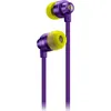 A pair of purple and yellow in-ear headphones with a white background.