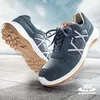 A pair of blue safety shoes are displayed in a dynamic, floating pose against a sky and cityscape background. The shoes have white soles and brown accents. A "360 waterproof" graphic is visible in the lower right corner. Produktbild-Vorschau