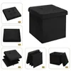 A collage of images showing a black foldable storage ottoman in various states of assembly and use. Produktbild-Vorschau