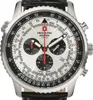 A close-up, well-lit studio shot of a Swiss Alpine Military chronograph watch with a silver dial and black leather strap. Produktbild-Vorschau
