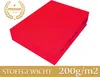 A red fitted sheet is folded and presented on a white background. A 'PREMIUM' badge is in the top left corner, and text indicating fabric weight is at the bottom. Produktbild-Vorschau