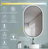 A bathroom mirror with integrated LED lighting, showcasing its features through icons and text. Produktbild-Vorschau