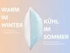 A pillow is shown divided into two halves, one representing warmth and the other coolness, with corresponding text. Produktbild-Vorschau