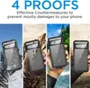 Collage of four images showing a phone case in different outdoor environments: snow, rocky terrain, rain, and dirt. Produktbild-Vorschau