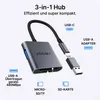 A 3-in-1 USB-C hub with various ports and card slots, presented with descriptive text and labels. Produktbild-Vorschau