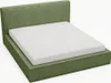 A green upholstered bed frame with a white mattress on a white background. Produktbild-Vorschau
