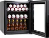 A black mini-refrigerator with drinks inside, with the door slightly open. Voir les images du produit