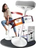 A woman is sitting on a CLOUVOU Nexus ergonomic stool, with product packaging and certification labels visible. Produktbild-Vorschau