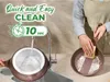 A person is cleaning a frying pan in a sink, with water running from a faucet. Another frying pan is shown being rinsed under the faucet. Text overlays highlight the ease of cleaning. Voir les images du produit