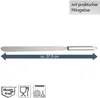A silver spatula with a measurement indicator and icons for rust-free and dishwasher safety. Produktbild-Vorschau