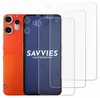 An orange smartphone is shown next to three transparent screen protectors. The phone has a prominent camera module on the back. The screen protector packaging or display shows the brand name 'SAVVIES' and 'SMART PROTECTION'. Produktbild-Vorschau