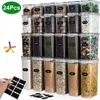 A collection of clear plastic food storage containers with black labels, arranged in rows. Produktbild-Vorschau