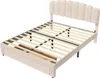 A beige upholstered bed frame with a slatted mattress support system, shown from a diagonal top-down perspective against a white background. Produktbild-Vorschau
