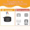 This image is a marketing graphic that compares compatible and incompatible materials for use with a hot air fryer. It shows a pot with a magnet and sparks indicating compatibility, and various containers labeled as incompatible. Produktbild-Vorschau