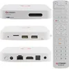 A white Octagon Spirit White 4K UHD Android TV Box and its remote control are displayed against a white background. Produktbild-Vorschau
