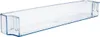 A clear, studio shot of a transparent refrigerator door shelf with blue trim. Produktbild-Vorschau