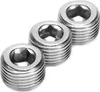 Three metal pipe plugs with hexagonal sockets are arranged diagonally on a white background. Náhľad obrázku produktu