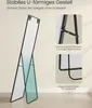 A full-length mirror with a U-shaped frame is shown, with close-up insets highlighting its features. Produktbild-Vorschau
