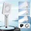A shower head is displayed on a stand, with multiple inset images showing different spray patterns and accessories. Náhľad obrázku produktu