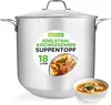 A large stainless steel pot with a glass lid, featuring a label with product information and an image of food, and a bowl of soup in the foreground. Produktbild-Vorschau