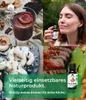 A collage of images showing food and a person smelling essential oil, with overlaid text promoting a natural product. Produktbild-Vorschau