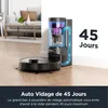 A robot vacuum cleaner docked at its charging station, with a graphic indicating a 45-day dustbin capacity. Produktbild-Vorschau