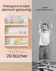 A split image showing a white and natural wood children's bookshelf on the left and a crying child surrounded by books on the right. Produktbild-Vorschau