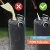 The image shows two ways to fill a water weight for a tent or gazebo. The left side shows an incorrect method using a shovel to pour sand, with a red cross symbol. The right side shows the correct method using a hose to fill with water, with a green checkm Produktbild-Vorschau