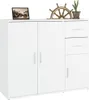 A white sideboard with two doors on the left and three drawers and a door on the right, on a white background. Produktbild-Vorschau
