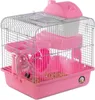 A pink hamster cage with multiple levels, tubes, a wheel, and a water bottle, set against a white background. Náhľad obrázku produktu