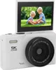 A white digital camera with its screen flipped up, displaying a picture of two children playing on grass. Voir les images du produit