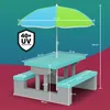 A children's picnic table with an umbrella, featuring dimensions and UV protection information. Anteprima dell’immagine prodotto