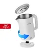 A white electric kettle is shown with its lid open, detached from its base, and a blue arrow indicating 360-degree rotation. A red badge with '360°' is in the lower-left corner. Produktbild-Vorschau