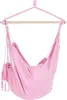 A pink fabric hammock chair suspended from a wooden bar. Podgląd zdjęcia produktu