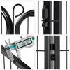 A collage of four close-up images showing details of a black metal pet playpen. One image shows decorative scrollwork, another shows a latch mechanism, a third shows a caliper measuring a metal bar, and the fourth shows a hinge. Produktbild-Vorschau