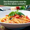 A close-up of pasta in a bowl with tomatoes and basil, with a green header and a logo. Produktbild-Vorschau