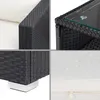A collage of four close-up images showing details of a black rattan outdoor furniture set with white cushions. Produktbild-Vorschau