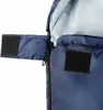 A close-up view of a blue sleeping bag, showing the zipper and velcro closures. Produktbild-Vorschau