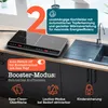 A double induction hob is shown on a kitchen counter next to a sink, with various feature callouts and icons. Produktbild-Vorschau